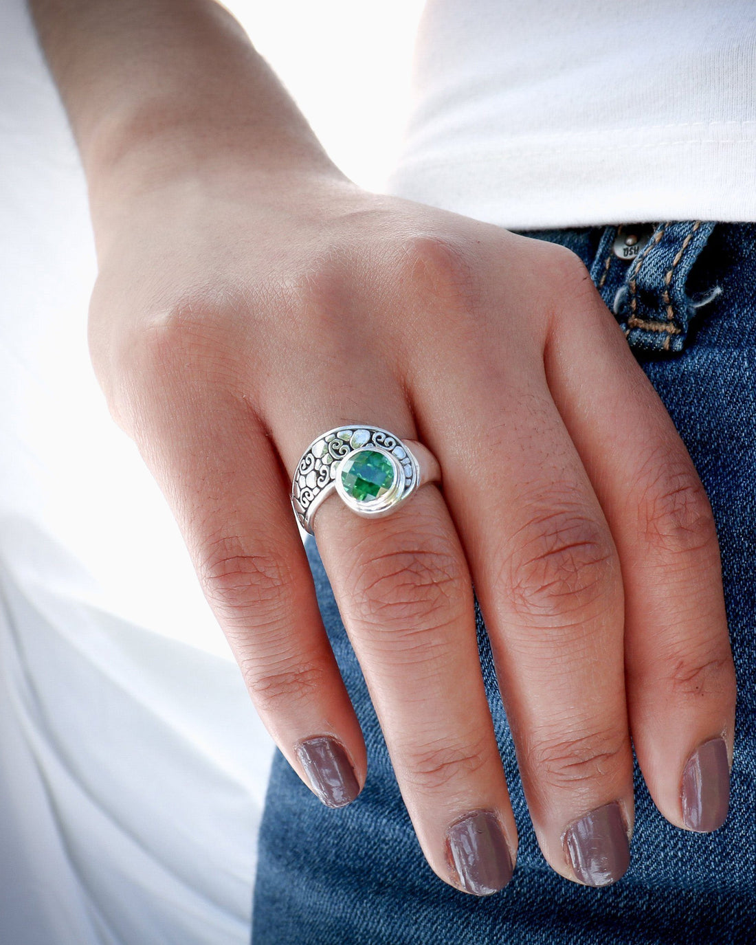 Petroglyph Wave Ring - Green Zircon