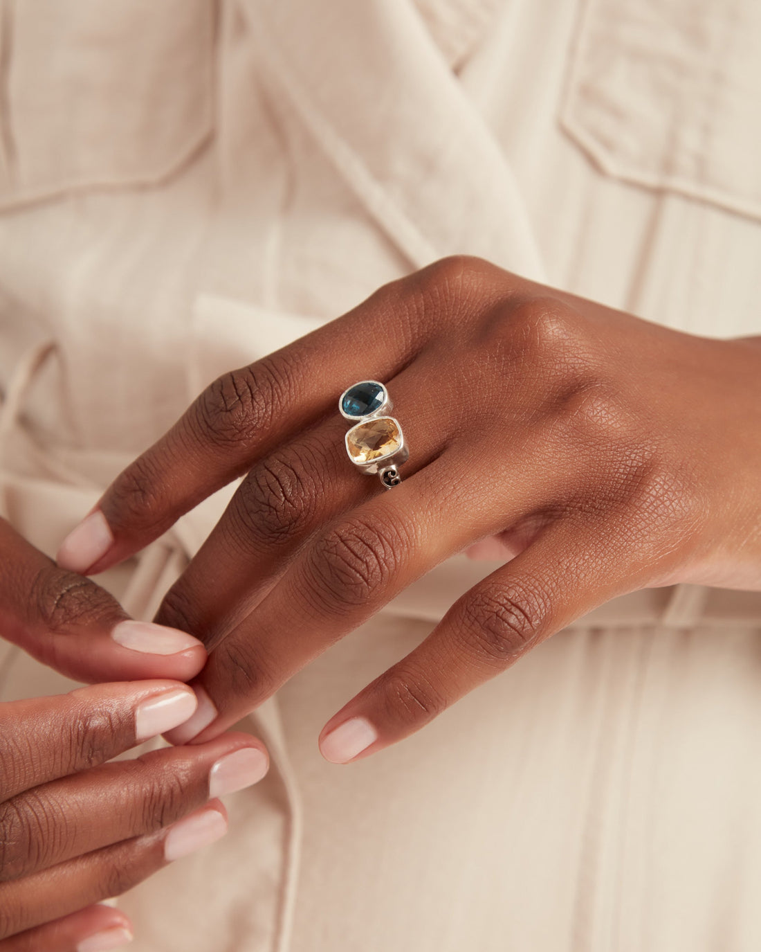 Double Stone Cocktail Ring with Petroglyph Band - Citrine/London Blue Topaz